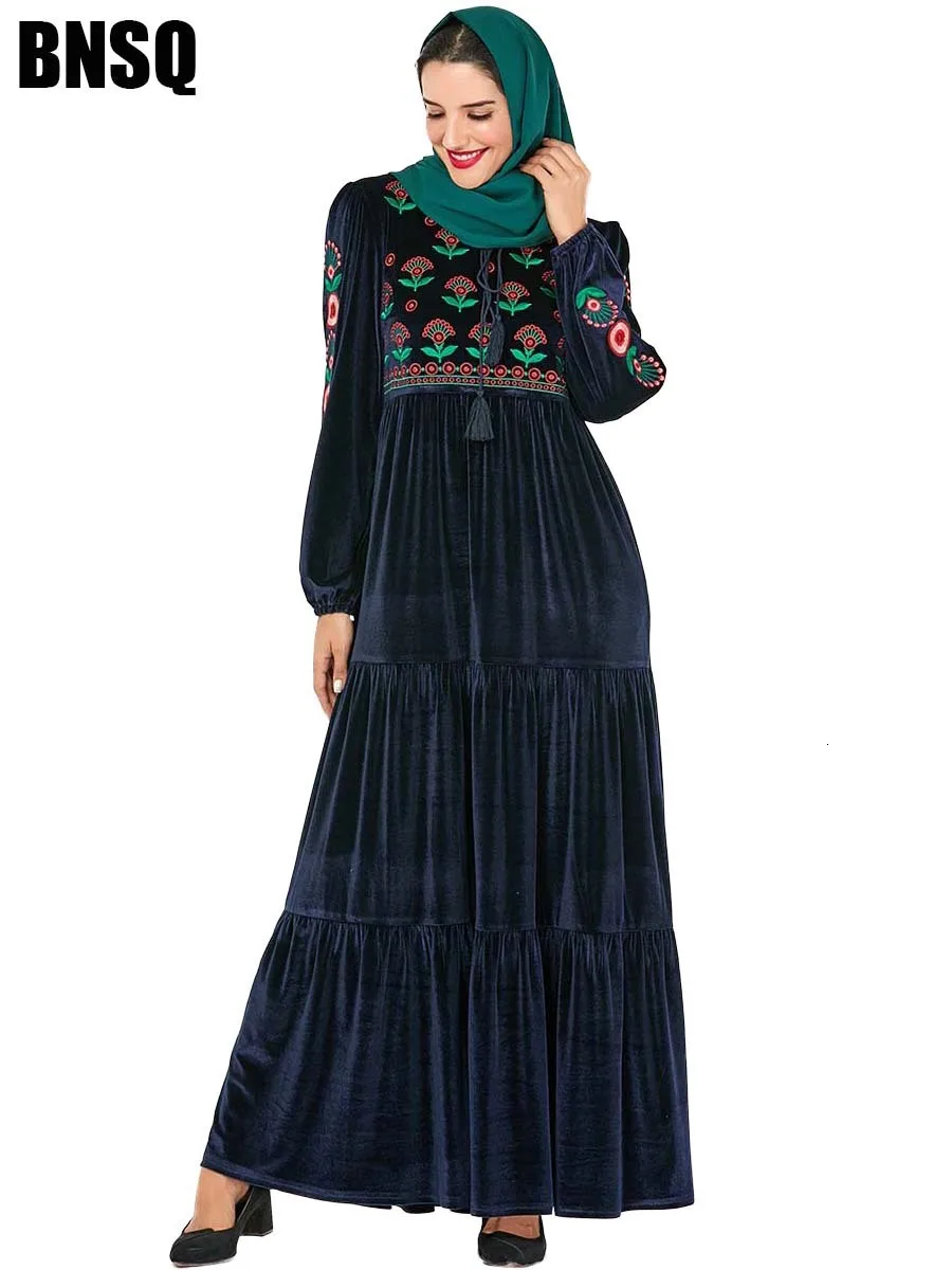 Повседневное бархатное мусульманское платье макси с вышивкой, зимний Кардиган, кимоно, длинный халат, платья, Средний Восток, ИД Рамадан, мусульманская молитва