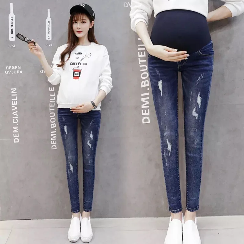 

Maternity Jeans 2018 New Products Elasticity Slim Fit Pants Abdominal Support Frayed Spring And Autumn Pencil Trousers