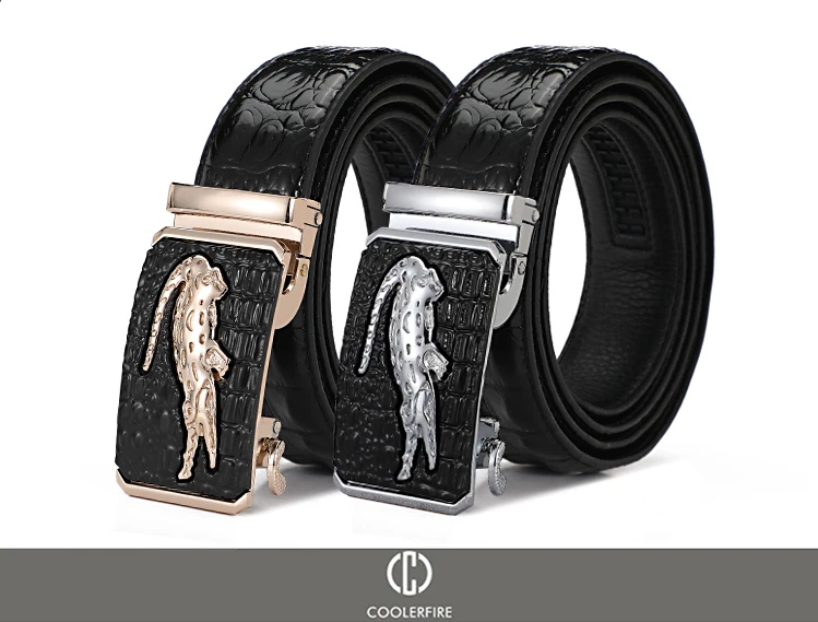 Ceinture homme en cuir noir avec boucle automatique dorée lion – Style luxe et détails gravés