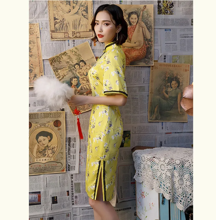 Sheng Coco женские желтые шелковые платья Чонсам Qipao Nigth вечерние кружевные платья с коротким рукавом в восточном стиле с цветочным принтом Qi Pao