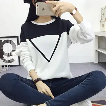

Women Autumn Winter Black and White Spell Color Patchwork Hoodies V Pattern Pullover Sweatshirt Female Tracksuit