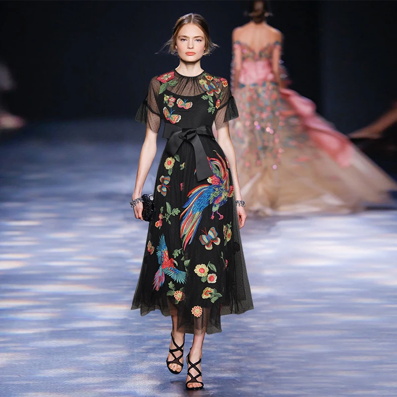 

Gedivoen Spring Summer Fashion Vintage New Arrival Dress Mesh Floral Embroidery Sashes Slim Midi Dresses