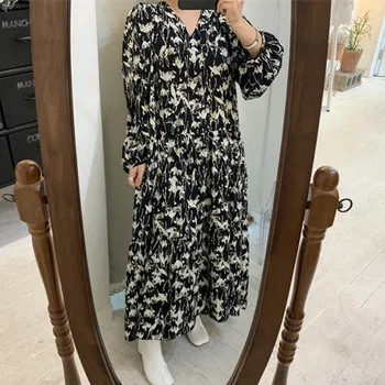 

YAMDI party elegant korean woman vintage spring summer dresses long sleeve a-line 2020 print floral v neck maxi dress women chic