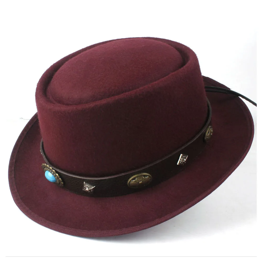 Wine Red Модная мужская и женская зимняя шляпа-пирожок с поясом в стиле панк Fedora шляпа для джентльмена Trilby чародейная шляпа размер 58 см - Цвет: Wine Red