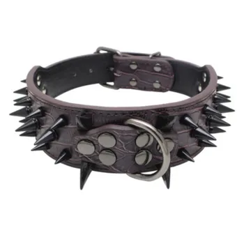 

Dog Collars Leather Spiked Name ID Tags Bulldog Puppy Neck Strap Print