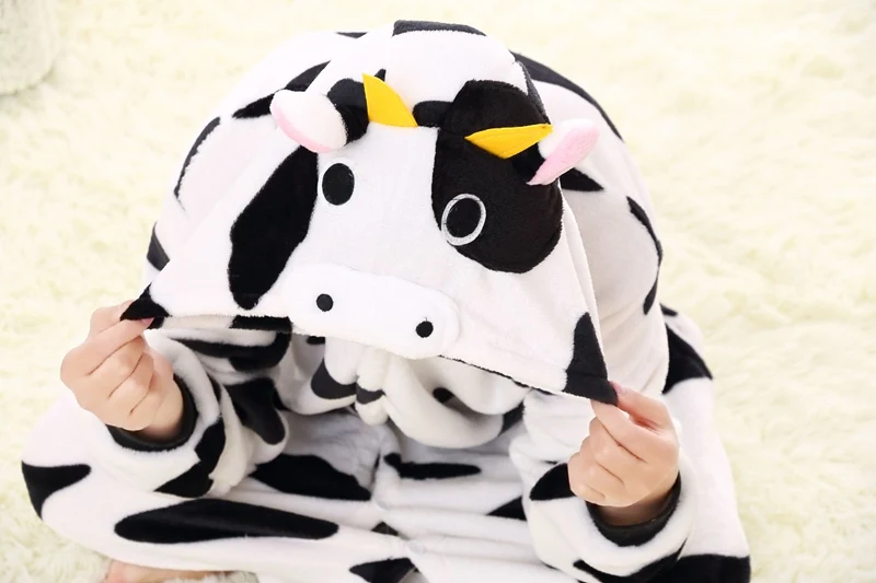 Kid Adult Cow Kigurumi Onesie Women Animal Costume Fancy Soft Cow Cosplay Onepiece Child Boy Girl Winter Sleeping Suit