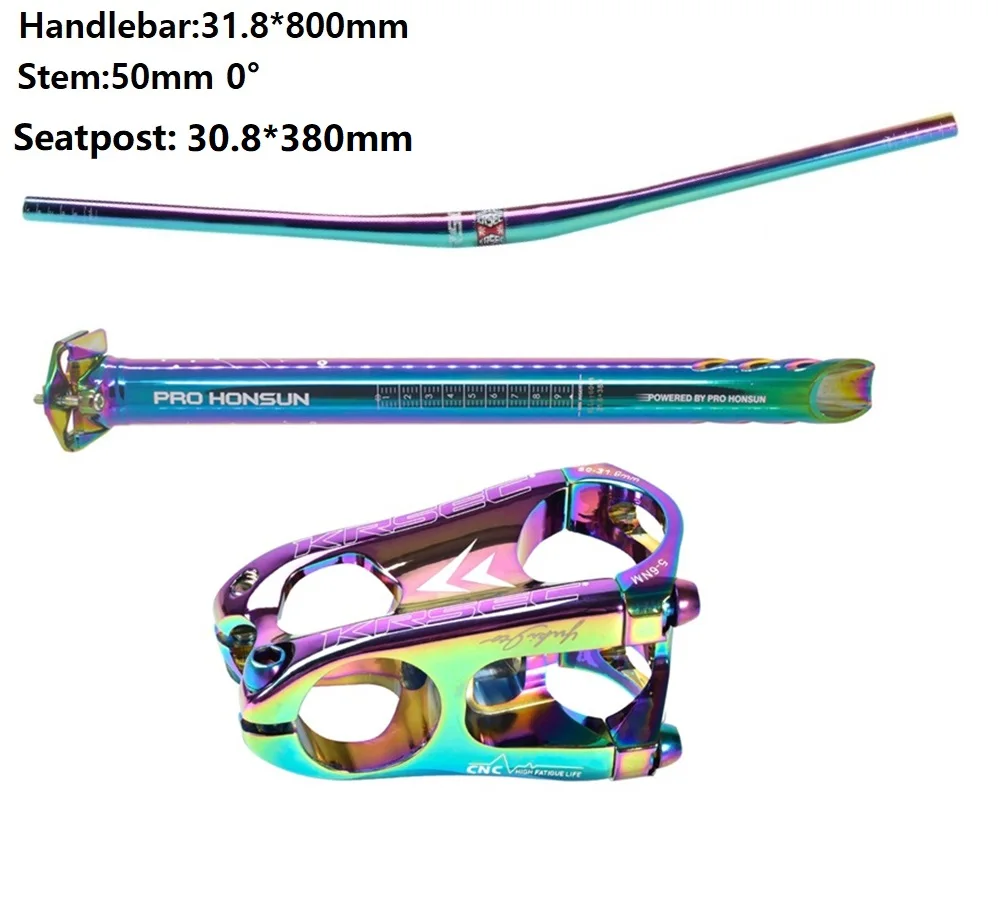30.8mm set Цветной руль набор MTB велосипед 800 мм подъем руль 0 ° 50 мм вынос руля 380 мм Подседельный штырь горный шоссейный велосипед набор в цветах радуги части велосипеда - Цвет: 30.8mm set