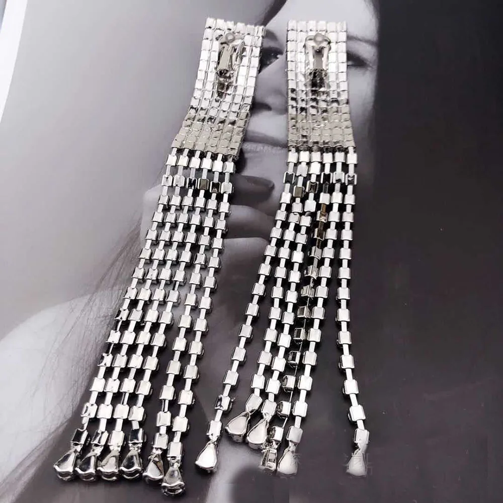 Luxury crystal tassel long women ear clip earrings without piercing shiny party earrings