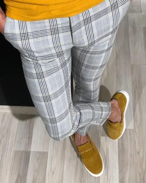 Mens Slim Fit Trousers Check Casual 