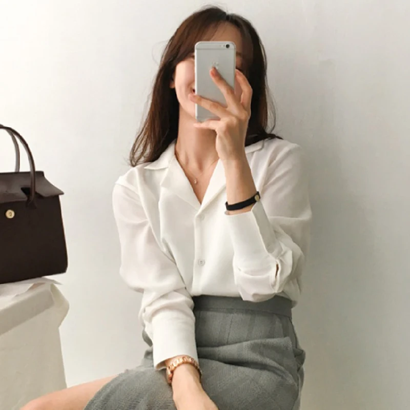 

2019 Autumn Spring Tops Women Casual Office Lady Blouses Shirts Solid White Shirt Female Chiffon Long Sleeve Button Clothing