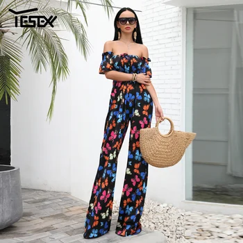 

Yesexy 2020 Off the Shoulder Butterfly Print Jumpsuits Backless Women Overalls Rompers Summer Long Jumpsuits Headband VR18422