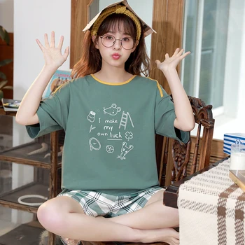 

Cute Pajamas For Women Cotton 2 Pcs Summer Casual Sleepwear Printing Cartoon Pajamas Set Short Sleeve Femme Home Clothes