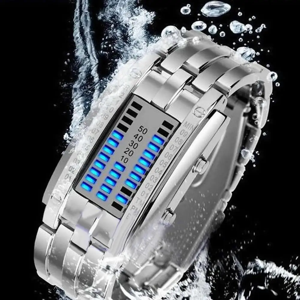 Causal Sport Chronograph Lovers Men Women Creative Stainless Steel Band Quartz Watches LED Date Bracelet Watch Binary Wristwatch afbeelding