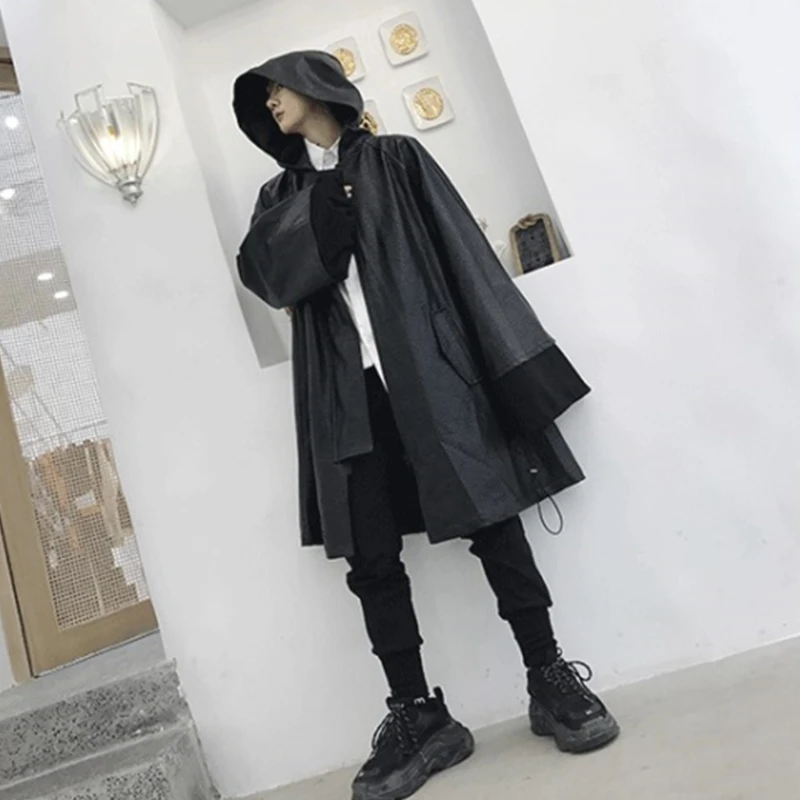 Autumn Winter Long Leather Trench Coat Men Hip Hip Punk Hooded Cloak Black Vintage Gothic Overcoat Jacket