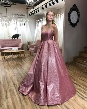 

Glittering Blush Sequin Evening Party Dress Spaghetti Straps Open Back Ball Gown Prom Dresses Long 2019 abiye gece elbisesi