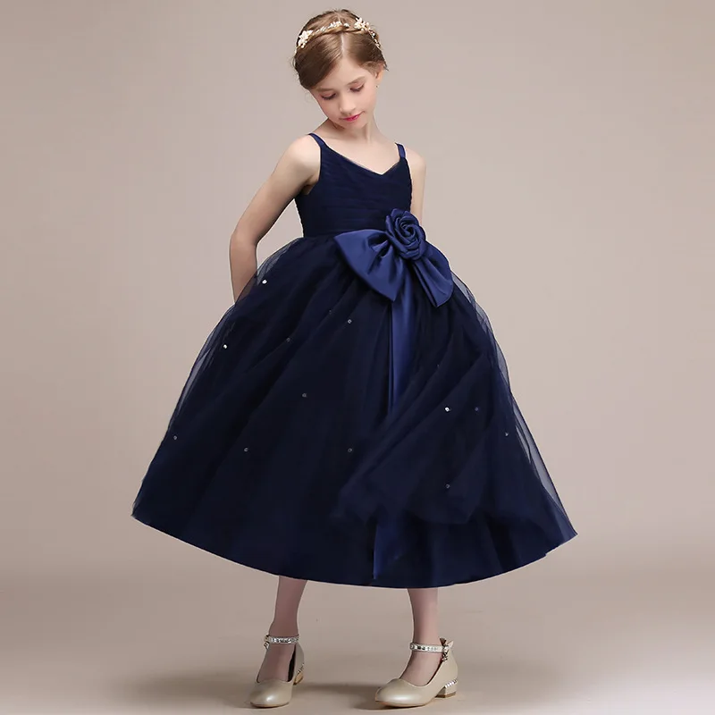 Детское платье принцессы для девочек фортепиано костюм для выступлений, Формальное банкетное платье темно-синее вечернее платье для женщин