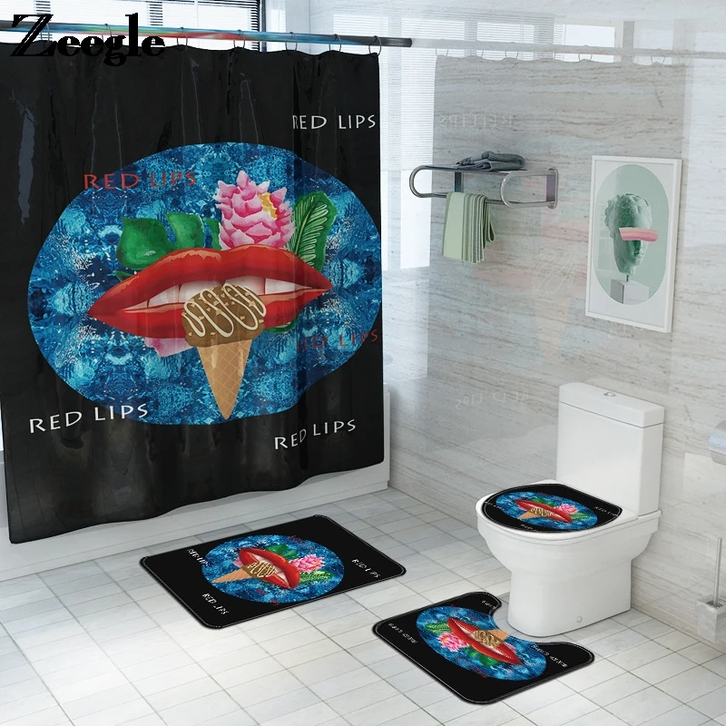 Europe Style Sexy Girl Printed Non-slip Bath Mat and Shower Curtain Set Bathroom Rug Waterproof Bathroom Bath Curtain Toilet Rug