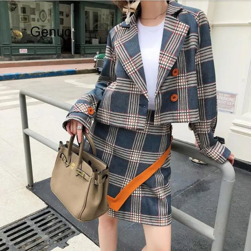 Retro Double Breasted Lattice Skirt Sets Women 2 Pieces Set Plaid Blazer High Waist Irregular Mini Skirts Long Sleeve Suit Femme