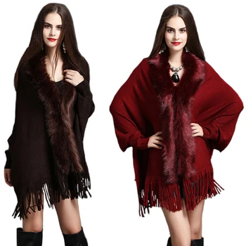 

Fashion Autumn European Style Loose Sweater Women Faux Fox Fur Collar Elegant Tassel Cardigan Cloak