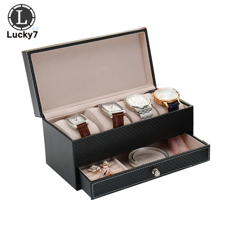 

New Leatherette 4 Seat Watch Storage Box Men's Business Drawer Four-seat Leather Watch Ring Necklace Jewelry Organizer Box