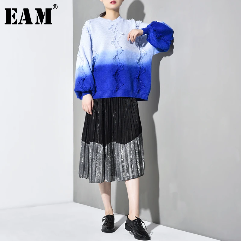 

[EAM] 2019 New Autumn Winter Round Neck Long Sleeve Gradual Color Tassels Big Size Knitting Puffover Women Fashion Tide TC3020