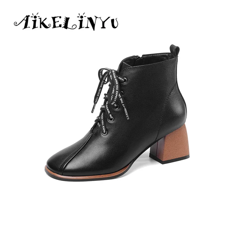 Aikelinyu/зимние ботинки; женские ботильоны с круглым носком; модные короткие женские ботинки на шнуровке и не сужающемся книзу массивном каблуке; женская обувь; большие размеры 33-43