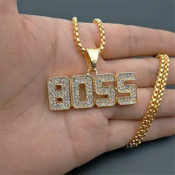

Stainless Stee Zircon Tennis Boss Letters Necklaces & Pendant For Men/Women Gold Color Hip Hop Jewelry with 3mm Gold Chain