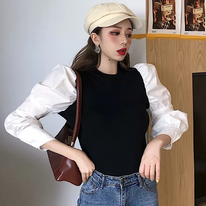 Пуловер женский с круглым вырезом и пышными рукавами осень | Женская одежда