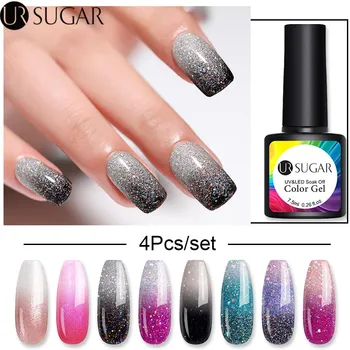 

UR SUGAR 2/4Pcs Rainbow Thermal Gel Polish Set Glitter Temperature Color Changing Gel Nail Varnish Soak Off UV LED