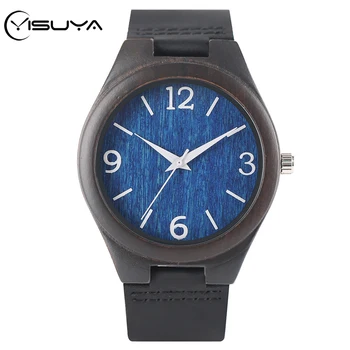 

YISUYA Handmade Ebony Quartz Watch Men's Fashion Art Blue Painted Dial Analog Arabic Numeral Luxury Soft Leather Watchband Clock