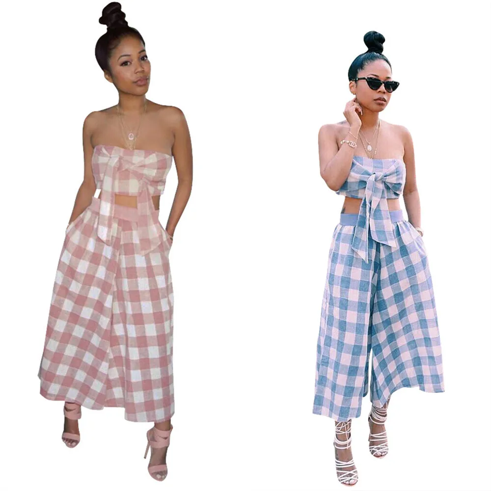 

Ls6094 Europe And America Hot Selling Digital Printing Plaid Two-Piece Set