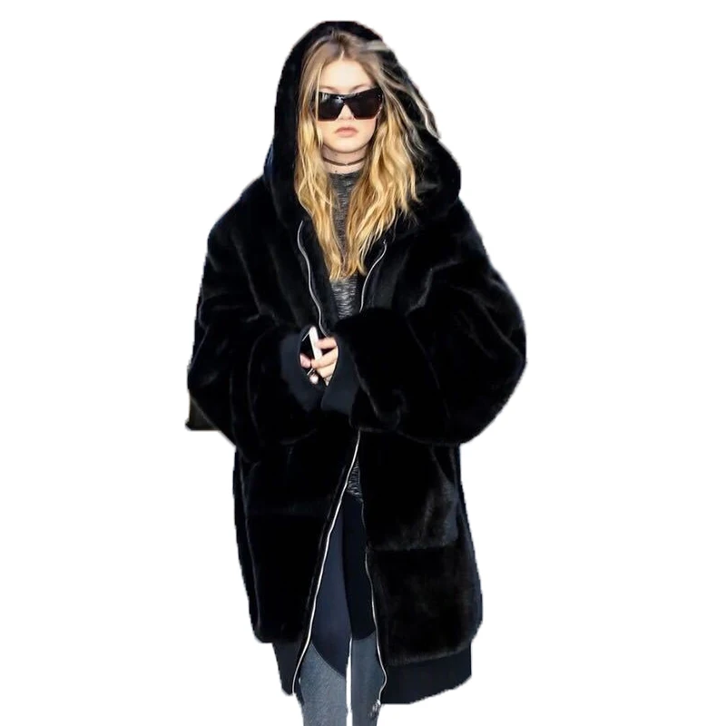 

New Winter Warm Loose Long Faux Fur Coat Women Hooded Plush Padded Fur Black Coat Europe And America Hot Sale женское пало