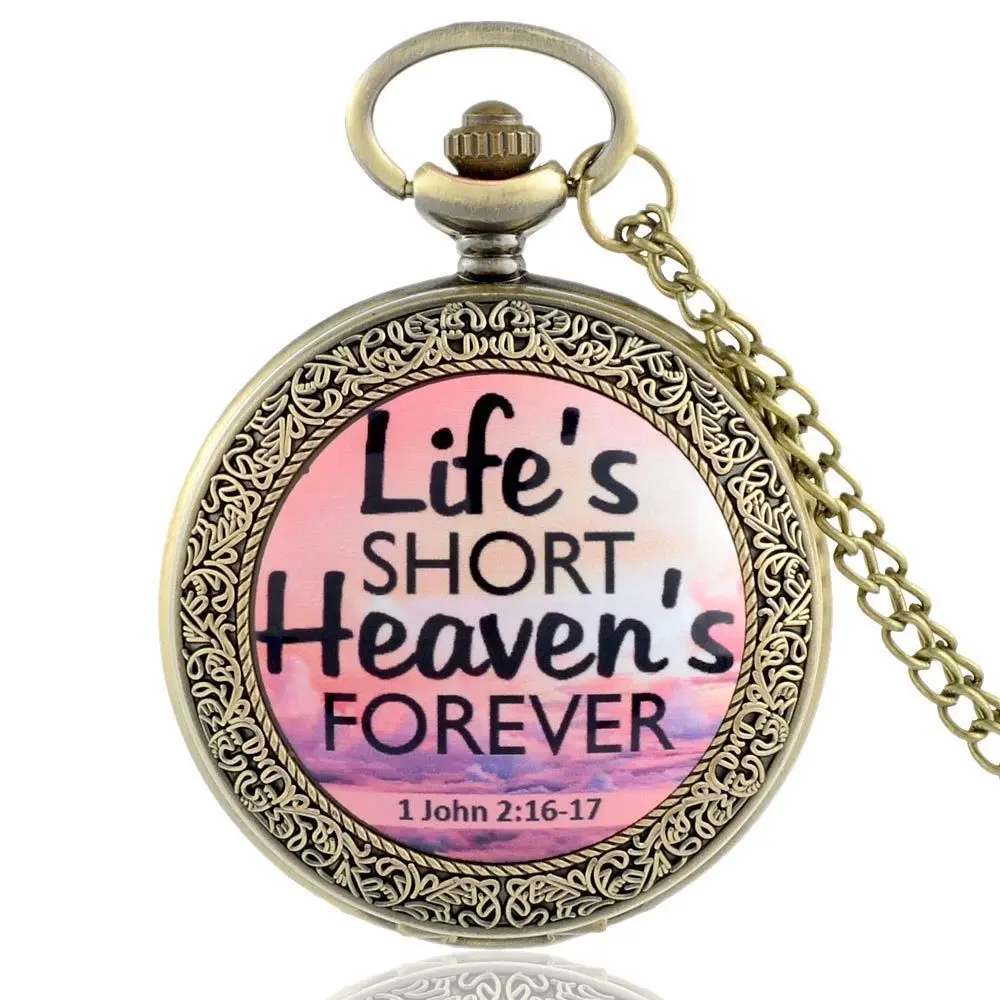 

IBEINA life is short heaven is forever Bible Theme Full Hunter Quartz Engraved Fob Retro Pendant Pocket Watch Chain Gift