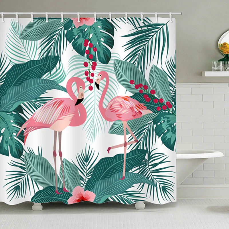 Сцена версия мульти-Стили 3D HD цифровая печать занавески для душа водонепроницаемый влагостойкий ванная комната Тропическое растение фламинго