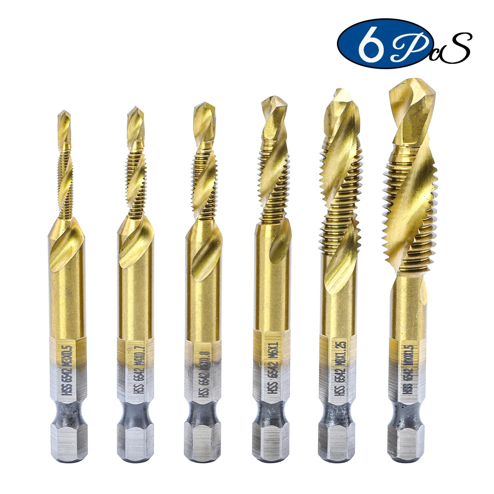 Accessory 6PCS/Lot HSS Drill Bit Metric Thread M3 M4 M5 M6 M8 M10 Titanium Coated Tap Bits 1/4 Hex Shank for Drilling Useful Accessory 6PCS/Lot HSS Drill Bit Metric Thread M3 M4 M5 M6 M8 M10 Titanium Coated Tap Bits 1/4 Hex Shank for Drilling Useful