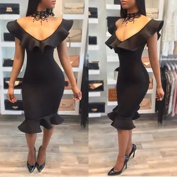 

Ruffle Fishtail Slim Dress Sleeveless Dresses Solid Color Dress Cocktail Party Dresses Stitching Lotus Leaf Irregular Dress D30