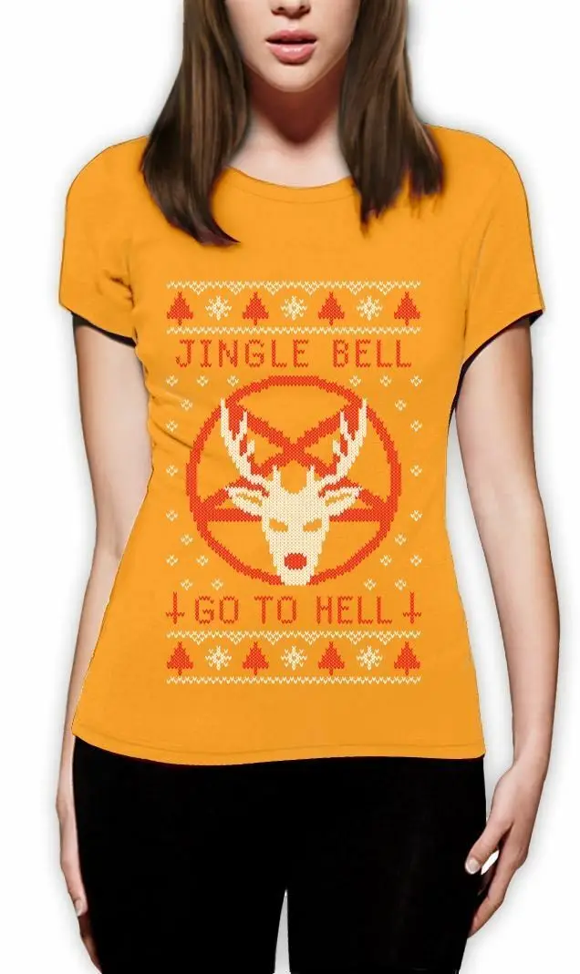Забавный Уродливый Рождественский свитер-Jingle Bell Go To Hell женская футболка идея подарка - Цвет: Оранжевый