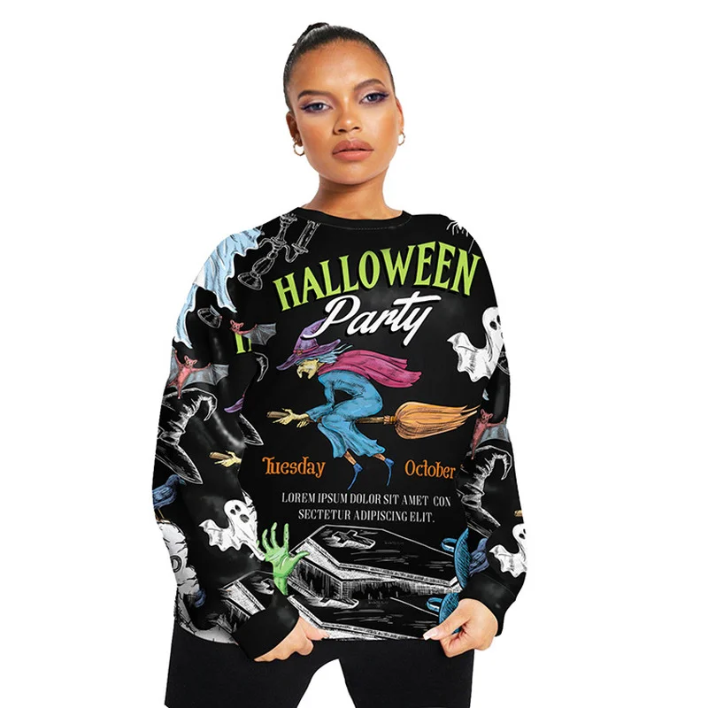 

Black Halloween Ghost Print Crewneck Sweatshirt Women Long Sleeve Casual Hoodies Teens England Style Thin Autumn Plus Size Tops