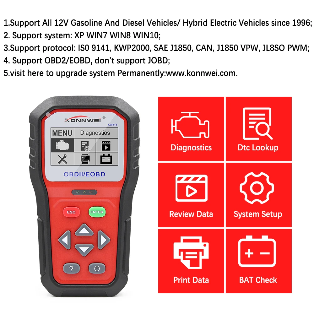 KONNWEI KW818 считыватель кодов OBD2 сканер бесплатное обновление OBD 2 OBD2 автомобильный диагностический инструмент ODB2 лучше, чем ELM 327 V1.5