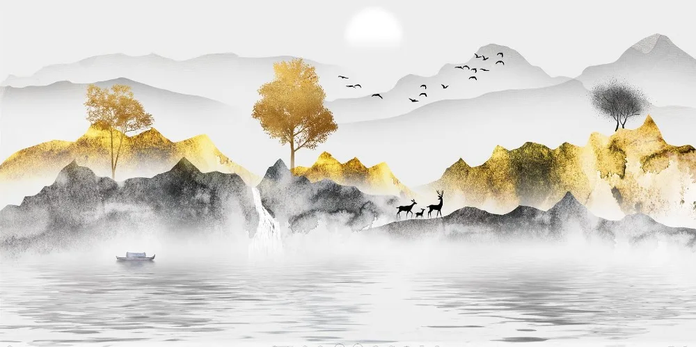 20306730 原创现代简约手绘金色山水发财树新中式晶瓷画