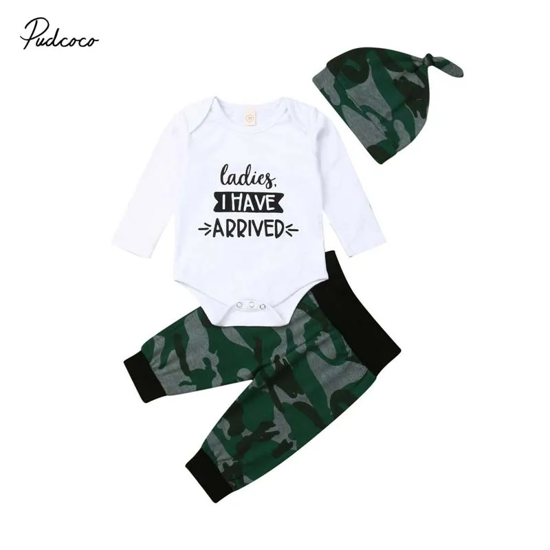 

2019 Baby Spring Autumn Clothing Newborn Kid Baby Boy Long Sleeve Tops Letter Romper Camo Long Pants Hat Outfit Clothes 3Pcs Set