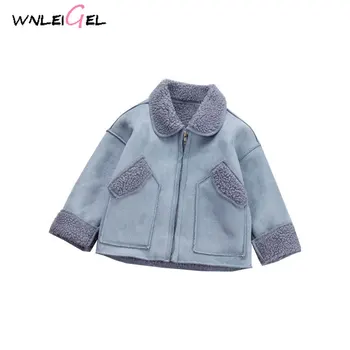

WLG winter new arrival children fanshion thick jacket kids solid plush sleeve coats boy girls plush neck zipper all match cloth