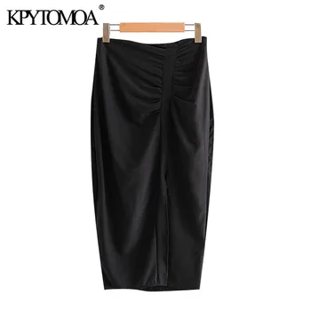 

KPYTOMOA Women 2020 Chic Fashion With Gathered Front Vents Midi Skirt Vintage High Waist Back Zipper Female Skirts Mujer