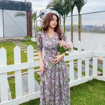 

2020 Summer Women Long Office Dress Floral Retro A-line Print V-neck Casual Ladies Dresses Plus Size Vestidos Elegantes Empire