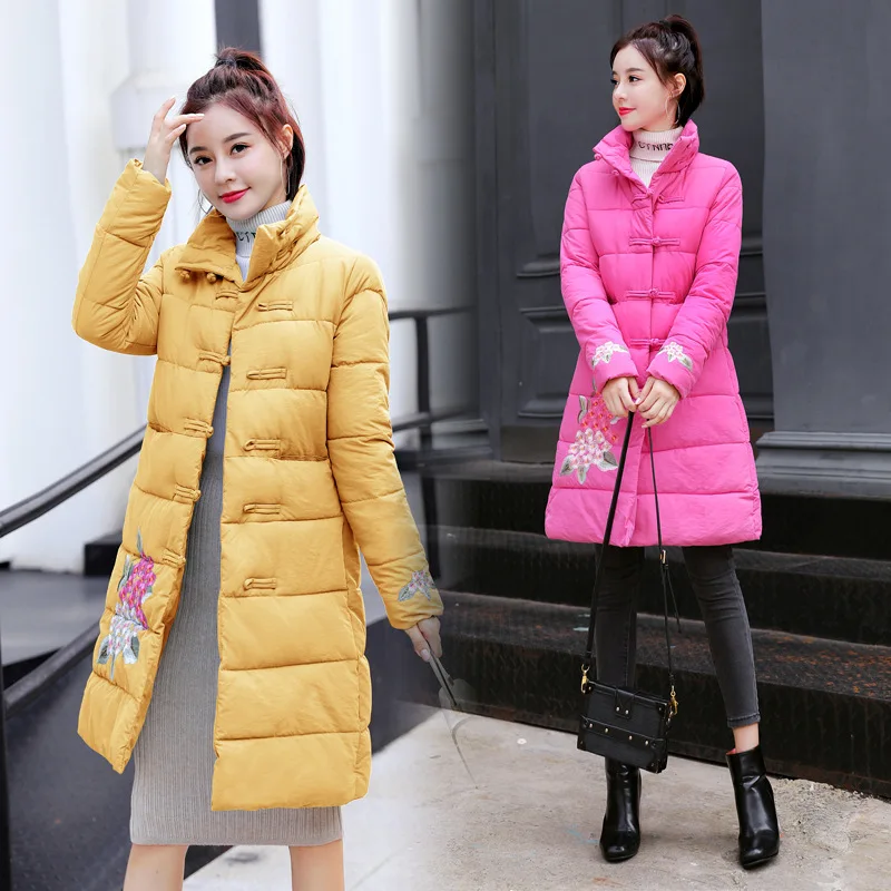 

Winter New Style Retro Chinese-style Embroidered Mid-length Thick Warm Women's Stand Collar Slimming Cotton Coat
