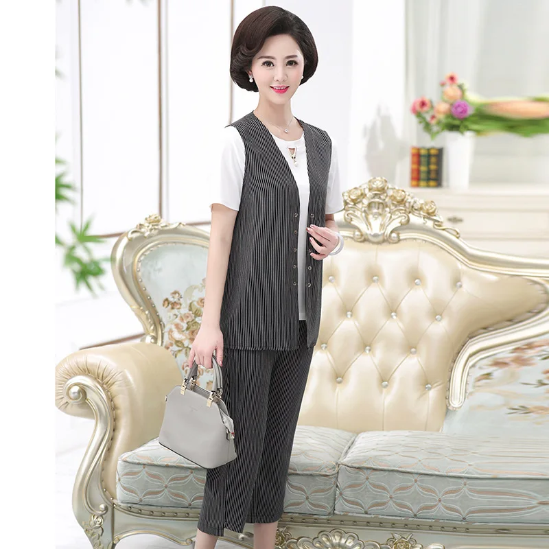

Mom Spring And Summer Western Style Three-piece Set Middle-aged WOMEN'S Coat Elegant Kuotaitai Tops Pants-Style Set