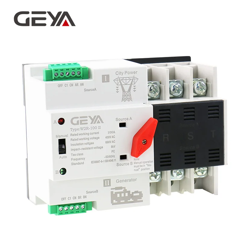 

GEYA Din Rail ATS 110V 220V 3P 63A 100A ATSE Dual Power Automatic Transfer Switch 50/60Hz PC Grade Auto or Manual Selection