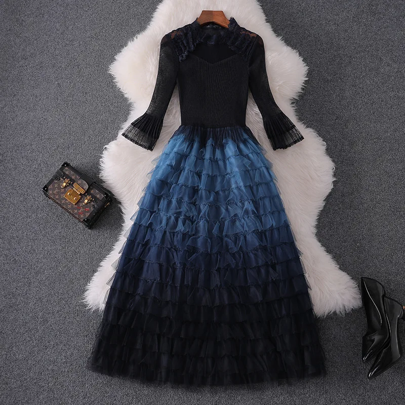 Women fashion autumn winter ruffles dress lace inset falre sleeve fit and flare cute dresses new blue