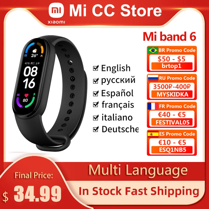 Global Version Xiaomi Mi Band 6 AMOLED Screen Blood Oxygen Fitness Traker Heart Rate 5ATM Waterproof Smart Band 5 Color Bracelet