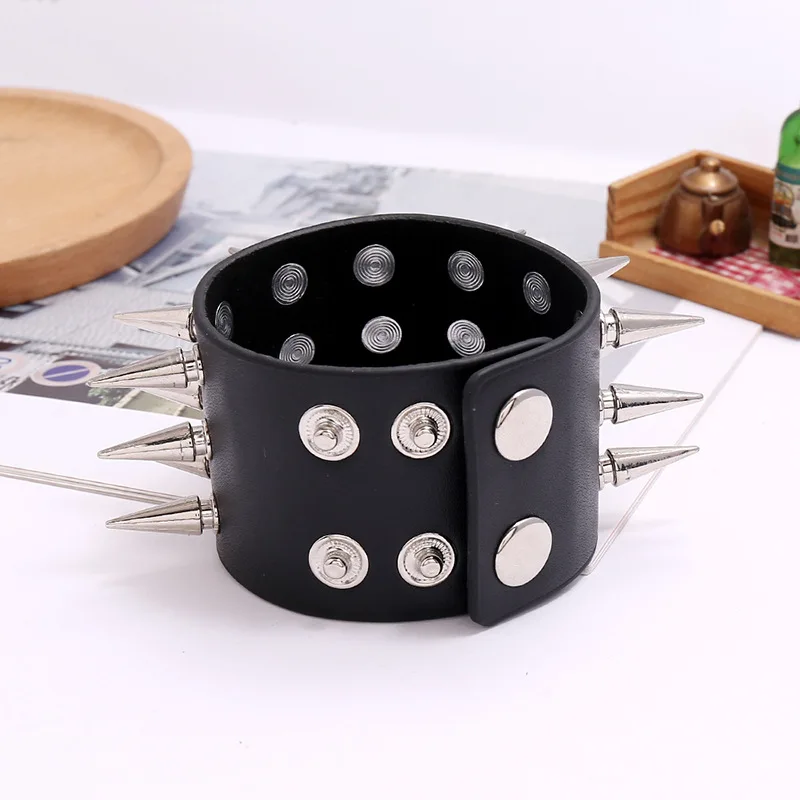 Leather Bracelet Punk Style Wristband Leather Studded Bracelet Cuspidal Spikes Rivet Stud Wide Cuff Black Bangle Adjustable Men Bracelet Bangle Bracelet Leather Bracelets